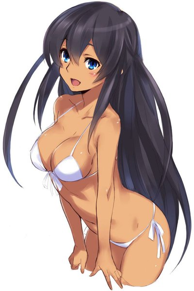 Anime picture 733x1100 with captain earth studio bones mutou hana kawata hisashi single tall image blush fringe breasts open mouth blue eyes light erotic black hair simple background large breasts white background bare shoulders looking away ass very long hair