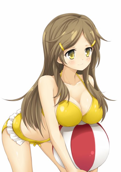 Anime picture 848x1200 with vividred operation shinomiya himawari aixioo single long hair tall image blush breasts light erotic simple background brown hair large breasts white background yellow eyes girl swimsuit bikini ball beachball