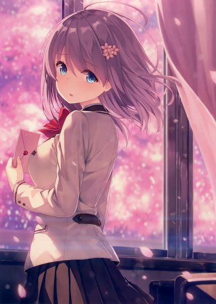 Anime picture 2346x3300 with original eshi 100-nin ten siva (executor) single tall image highres short hair open mouth blue eyes brown hair looking back wind scan official art girl skirt uniform school uniform petals window