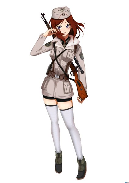 Anime picture 2480x3508 with love live! school idol project sunrise (studio) love live! nishikino maki heli single tall image looking at viewer blush highres short hair simple background brown hair white background purple eyes full body girl thighhighs uniform weapon