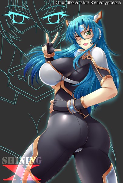Anime picture 879x1301 with haganef single long hair tall image looking at viewer breasts open mouth light erotic smile green eyes blue hair ass one eye closed looking back wink from behind huge breasts girl gloves