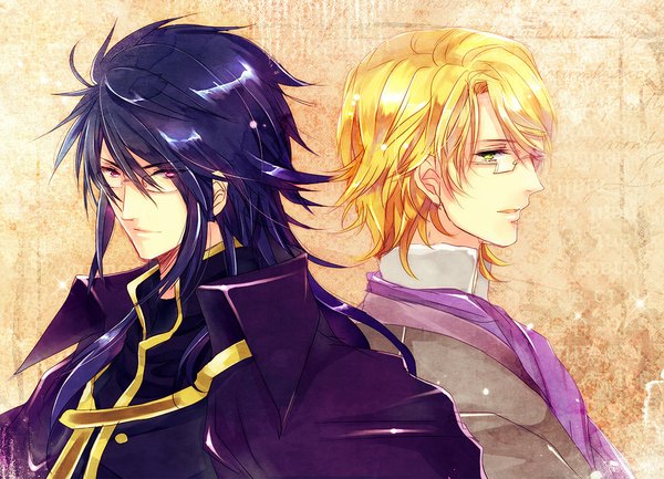 Anime picture 1039x750 with harukanaru toki no naka de ernest satow takasugi shinsaku outlaw (artist) long hair short hair blonde hair green eyes blue hair profile pink eyes multiple boys back to back brown background boy choker glasses 2 boys