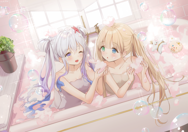 Anime picture 1412x1000 with original haruri long hair blush open mouth blue eyes blonde hair twintails green eyes silver hair one eye closed sparkle heterochromia naked towel girl bubble (bubbles) towel bath suds