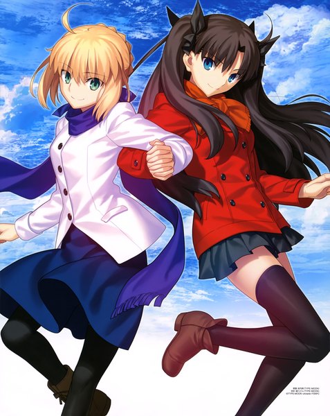 Anime picture 3543x4455 with fate (series) fate/stay night type-moon artoria pendragon (all) saber toosaka rin long hair tall image highres short hair blue eyes black hair blonde hair smile multiple girls absurdres scan girl thighhighs skirt