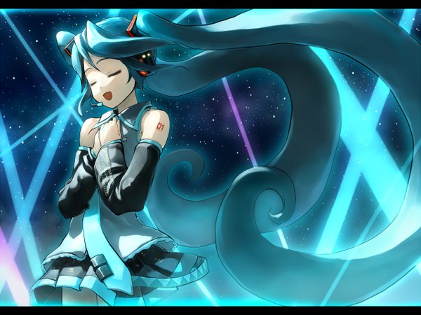 Anime picture 1280x960 with vocaloid hatsune miku bob (biyonbiyon) single long hair open mouth smile twintails eyes closed very long hair aqua hair girl skirt detached sleeves necktie headphones headset