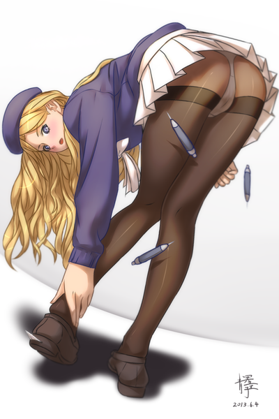 Anime picture 1000x1500 with to aru kagaku no railgun to aru majutsu no index j.c. staff frenda seivelun qingmingtongzi single long hair tall image open mouth light erotic blonde hair purple eyes looking back cameltoe bent over girl skirt underwear panties hat