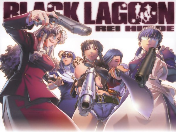 Anime picture 1600x1200 with black lagoon madhouse revy (black lagoon) balalaika (black lagoon) roberta (black lagoon) eda (black lagoon) shenhua hiroe rei maid nun bang sword glasses gun