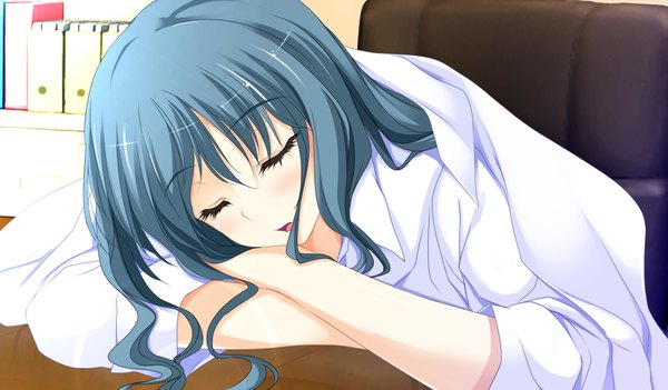 Anime picture 1024x600 with oshiete ecchi na recipe kujou nanari long hair wide image blue hair game cg eyes closed sleeping girl