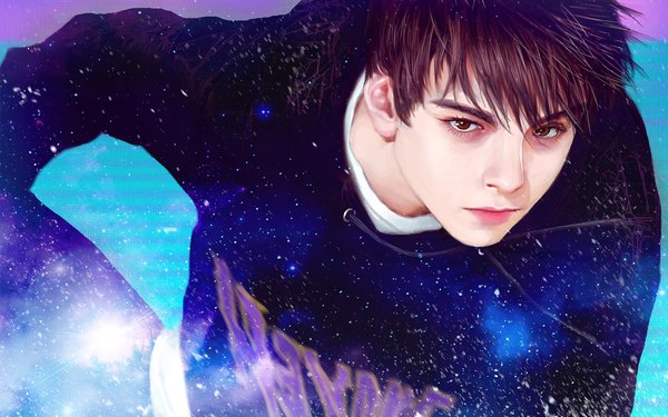 Anime picture 2000x1251 with seventeen vernon rukiana single looking at viewer fringe highres short hair hair between eyes brown hair payot upper body long sleeves lips blurry realistic clothes writing starry sky print space print boy