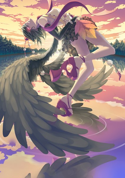 Anime picture 1075x1520 with touhou shameimaru aya madyy single tall image fringe short hair light erotic black hair cloud (clouds) glowing reflection glowing eye (eyes) flying black wings lake girl skirt plant (plants) hat