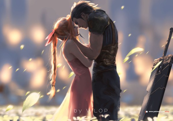 Anime picture 1529x1073 with final fantasy final fantasy vii square enix aerith gainsborough zack fair wlop long hair short hair standing signed looking away braid (braids) eyes closed head tilt orange hair leaning leaning forward couple single braid face to face