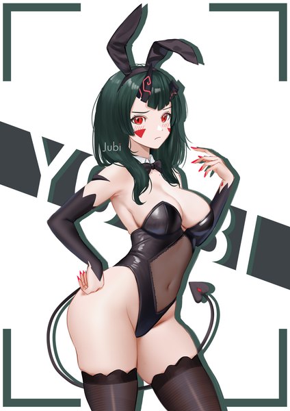 Anime picture 1190x1684 with original yoo-bi (jubi) jubi (regiana) single long hair tall image looking at viewer breasts light erotic simple background red eyes large breasts white background signed animal ears cleavage nail polish horn (horns) green hair bunny ears