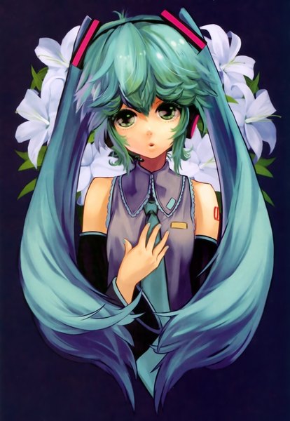 Anime picture 2575x3731 with vocaloid hatsune miku siro single tall image looking at viewer highres open mouth twintails nail polish aqua eyes aqua hair girl gloves flower (flowers) hairband headphones