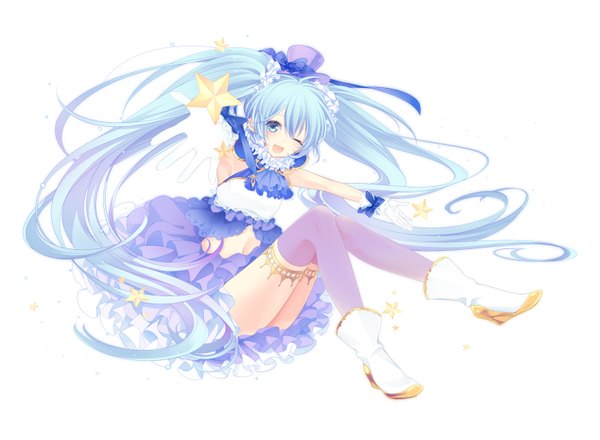 Anime picture 1500x1102 with vocaloid hatsune miku shiro mayu single fringe open mouth blue eyes simple background white background sitting twintails blue hair very long hair one eye closed wink bare belly alternate costume outstretched arm spread arms girl