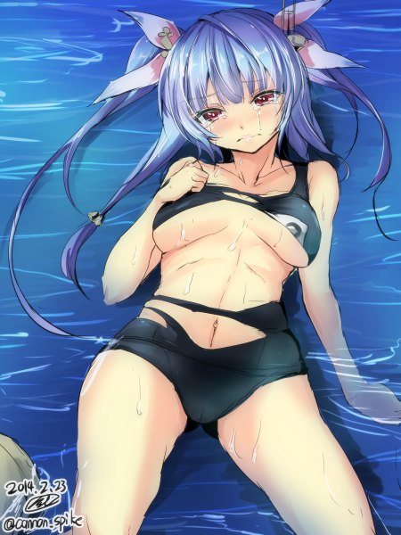 Anime picture 900x1200 with kantai collection i-19 submarine gin'ichi (akacia) single long hair tall image looking at viewer blush breasts light erotic twintails brown eyes signed blue hair tears torn clothes crying torn swimsuit girl navel