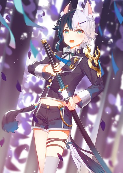 Anime picture 1500x2111 with ronopu single tall image looking at viewer blush fringe short hair open mouth black hair hair between eyes standing holding green eyes animal ears white hair tail animal tail multicolored hair cat ears two-tone hair