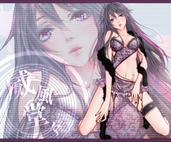 Anime picture 2300x1916 with original masami chie single long hair highres light erotic black hair purple eyes cleavage midriff tattoo zoom layer girl navel fur