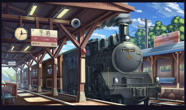 Anime picture 3710x2193 with original tonchan highres wide image absurdres sky cloud (clouds) no people plant (plants) tree (trees) clock power lines train megaphone train station railways railroad tracks