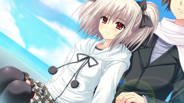 Anime picture 1280x720 with world wide love! (game) kona nako short hair red eyes wide image game cg grey hair loli girl thighhighs black thighhighs