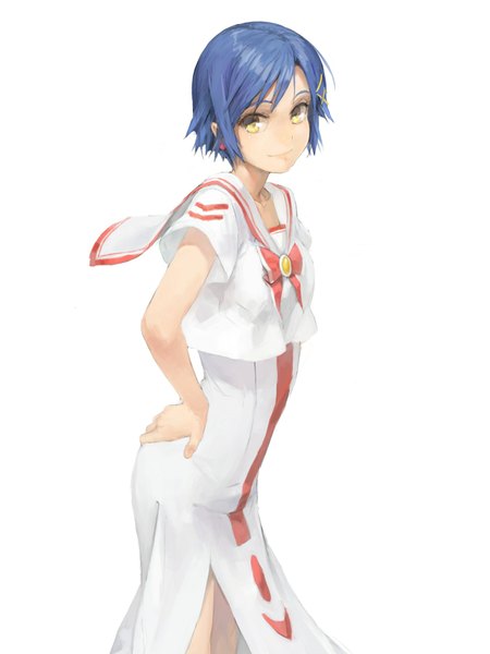 Anime picture 1500x2000 with aria aika s granzchesta kuroko (piii) single tall image short hair simple background smile white background yellow eyes blue hair looking away hands on hips girl uniform hair ornament earrings hairclip