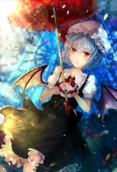Anime picture 1700x2500 with touhou remilia scarlet renkarua single tall image looking at viewer fringe short hair holding aqua hair orange eyes light girl dress gloves bow hat petals wings frills