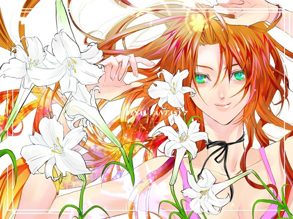 Anime picture 1024x768 with final fantasy vii aerith gainsborough single long hair looking at viewer smile brown hair green eyes orange hair arms up wallpaper girl flower (flowers) ribbon (ribbons) choker