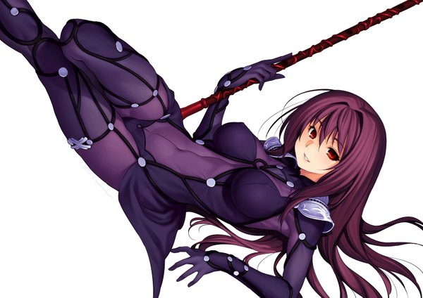 Anime picture 1500x1061 with fate (series) fate/grand order scathach (fate) (all) scathach (fate) kazuma muramasa single long hair looking at viewer breasts light erotic simple background red eyes white background purple hair girl gloves weapon elbow gloves bodysuit