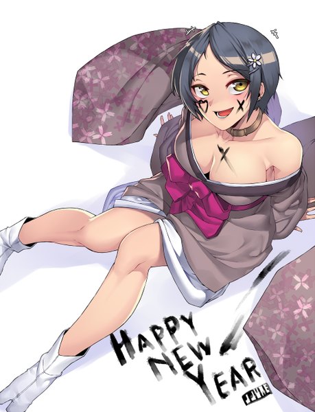Anime picture 999x1304 with idolmaster idolmaster cinderella girls hayami kanade jjune single tall image looking at viewer short hair open mouth light erotic black hair yellow eyes traditional clothes japanese clothes new year happy new year girl kimono