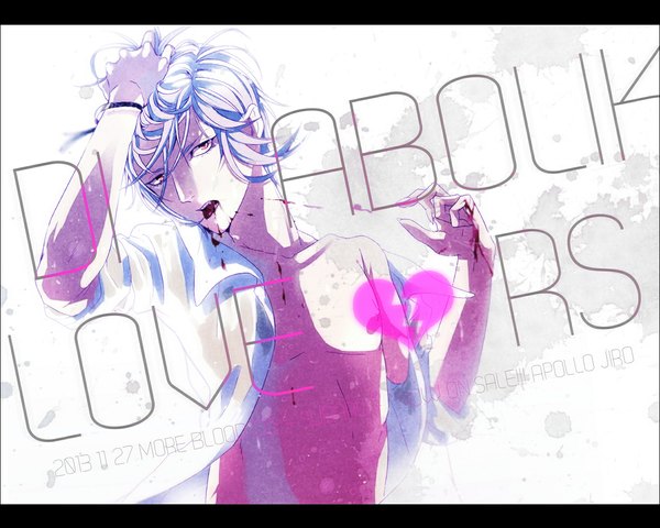 Anime picture 1186x950 with diabolik lovers idea factory sakamaki subaru jiro (apollo) single short hair simple background red eyes white background purple eyes silver hair open clothes open shirt undressing framed vampire naked shirt boy shirt heart