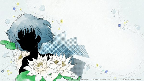 Anime picture 1000x567 with bishoujo senshi sailor moon toei animation mizuno ami sailor mercury kalisama (artist) single short hair simple background wide image blue hair dark skin silhouette girl flower (flowers) star (symbol) bubble (bubbles) crystal water lily