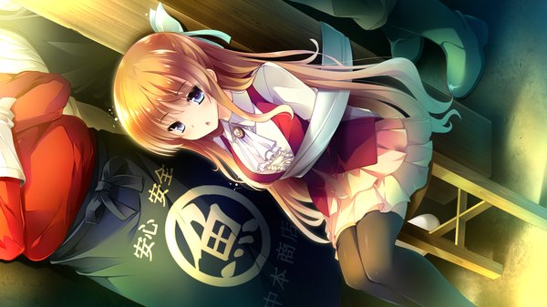 Anime picture 1920x1080 with ojousama wa gokigen naname naname nanami long hair highres open mouth blue eyes blonde hair wide image sitting game cg girl thighhighs ribbon (ribbons) black thighhighs hair ribbon chair