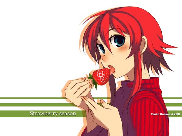 Anime picture 1600x1200 with original kusanagi tonbo looking at viewer blush short hair open mouth white background signed red hair aqua eyes inscription wallpaper girl food tongue berry (berries) strawberry