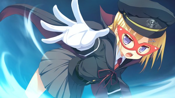 Anime picture 2560x1440 with naka no hito nado inai amamoto rui nimura yuuji highres open mouth blonde hair wide image purple eyes game cg girl skirt gloves miniskirt glasses peaked cap