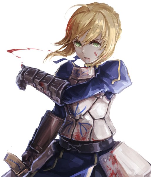 Anime picture 1714x2000 with fate (series) fate/stay night type-moon artoria pendragon (all) saber labombardier! single long hair tall image looking at viewer fringe highres short hair simple background blonde hair white background green eyes soles girl armor