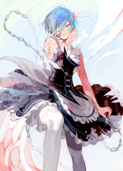 Anime picture 800x1114 with re:zero kara hajimeru isekai seikatsu white fox rem (re:zero) gomosawa single tall image looking at viewer fringe short hair blue eyes blue hair hair over one eye maid glowing glowing eye (eyes) blood stains girl dress uniform weapon