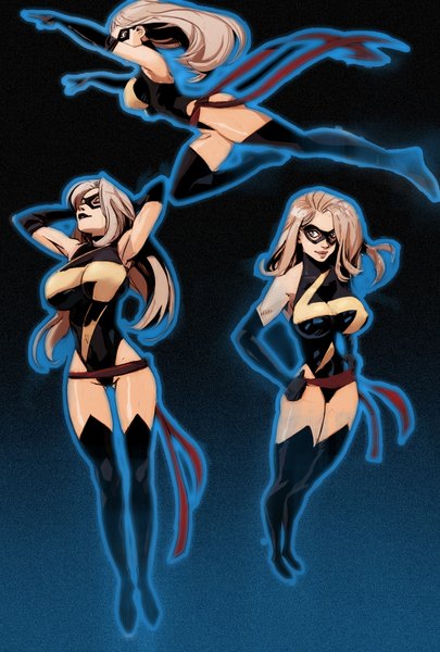 Anime picture 1400x2072 with marvel comics ms. marvel joel27 long hair tall image breasts light erotic simple background blonde hair smile large breasts brown eyes armpit (armpits) lipstick arms behind head flying multiple persona superhero girl gloves