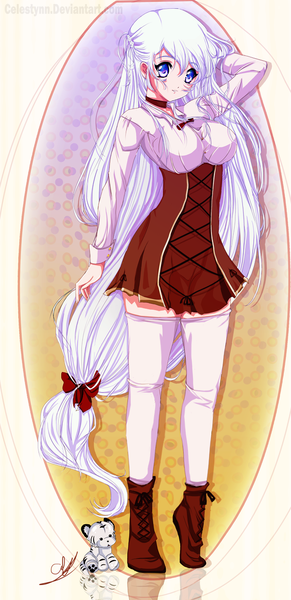 Anime picture 604x1244 with original celestynn (artist) single tall image looking at viewer purple eyes white hair very long hair girl thighhighs dress white thighhighs shoes toy stuffed animal