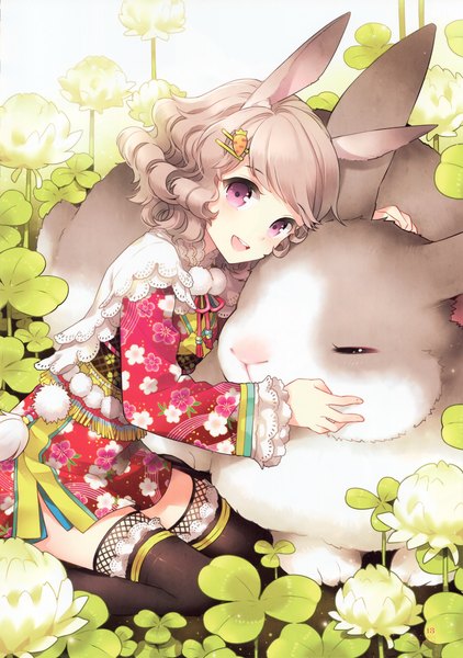 Anime picture 2465x3503 with butterfly dream (artbook) nardack single tall image looking at viewer blush highres short hair brown hair animal ears pink eyes bunny ears hug curly hair girl thighhighs skirt hair ornament flower (flowers) miniskirt