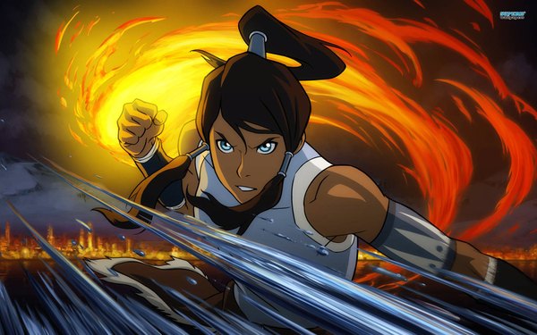 Anime picture 1920x1200 with avatar: the legend of korra korra single long hair highres blue eyes brown hair wide image ponytail magic glowing fighting stance girl water hair tubes fire fist armband