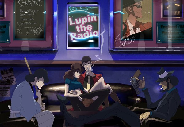 Anime picture 2006x1393 with lupin iii jigen daisuke arsene lupin iii mine fujiko ishikawa goemon xiii u-min (artist) highres short hair black hair brown hair sitting smoke group smoking girl boy weapon hat sword necktie