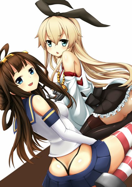 Anime picture 826x1169 with kantai collection shimakaze destroyer kongou battleship jampen long hair tall image looking at viewer blush open mouth blue eyes light erotic blonde hair brown hair bare shoulders multiple girls cosplay nontraditional miko girl thighhighs gloves