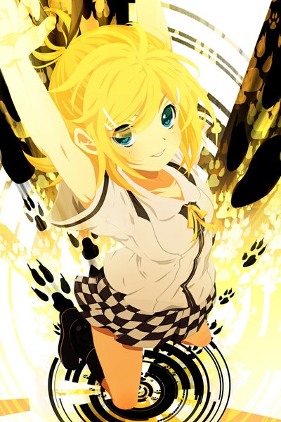 Anime picture 708x1063 with vocaloid kagamine rin kaze-hime tiger rampage (vocaloid) single long hair tall image blush blonde hair smile pleated skirt aqua eyes from above footprints girl skirt socks black socks blouse