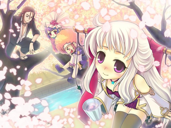Anime picture 1024x768 with latale iris (latale) blush blonde hair red eyes purple eyes silver hair purple hair red hair open clothes open shirt cherry blossoms afro jewelry necklace alcohol sake vodnik muwen zoe (latale)