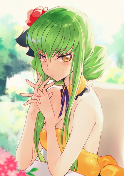 Anime picture 650x923 with code geass sunrise (studio) c.c. creayus single long hair tall image fringe breasts sitting bare shoulders yellow eyes payot cleavage upper body hair flower green hair sunlight sweat sweatdrop