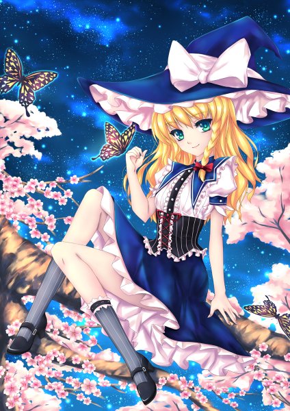 Anime picture 848x1200 with touhou kirisame marisa fred0092 single long hair tall image looking at viewer blue eyes blonde hair cherry blossoms witch girl dress bow plant (plants) tree (trees) socks insect butterfly witch hat