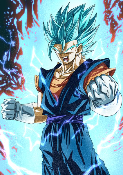 Anime picture 2000x2829 with dragon ball dragon ball z super vegetto greymon (nodoame1215) single tall image highres open mouth blue eyes blue hair looking away teeth eyebrows muscle angry screaming aura boy gloves earrings