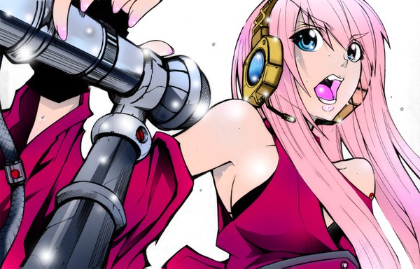Anime picture 1570x1007 with vocaloid megurine luka gunsonicrevolver single long hair open mouth blue eyes bare shoulders pink hair screaming girl gloves headphones fingerless gloves microphone