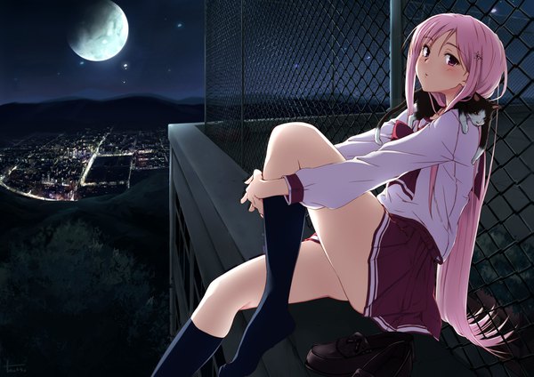 Anime picture 2339x1653 with to heart 2 leaf (studio) lucy maria misora nitta hiroto single long hair looking at viewer blush fringe highres sitting yellow eyes pink hair sky pink eyes night city mountain scenic city lights