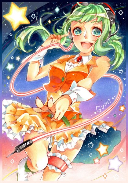 Anime picture 1000x1433 with vocaloid gumi nou single tall image looking at viewer blush short hair open mouth bare shoulders green eyes green hair border girl star (symbol) wrist cuffs goggles wire (wires)