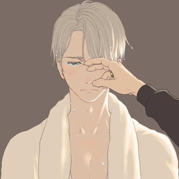 Anime picture 800x800 with yuri!!! on ice mappa viktor nikiforov yuhei blush short hair simple background blonde hair upper body long sleeves aqua eyes tears outstretched arm looking down solo focus pov brown background towel around neck boy ring